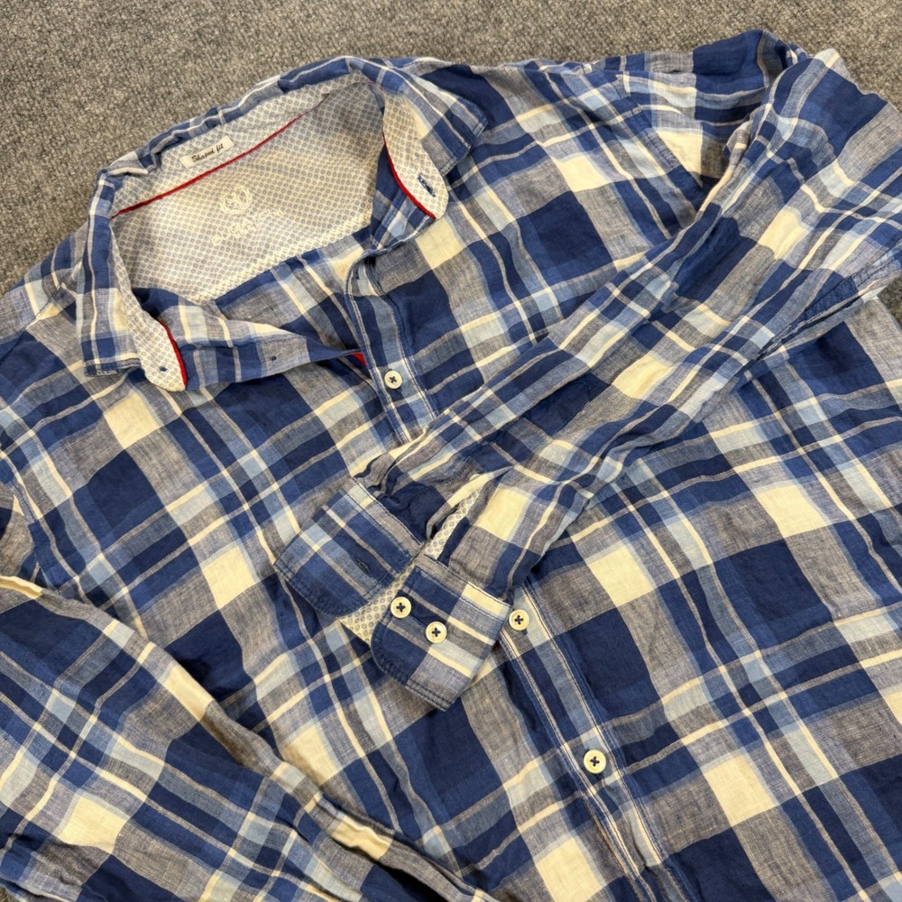 Preppy Bugatchi Uomo Mens Blue White Plaid 100% Linen Button Down Shirt L Luxury